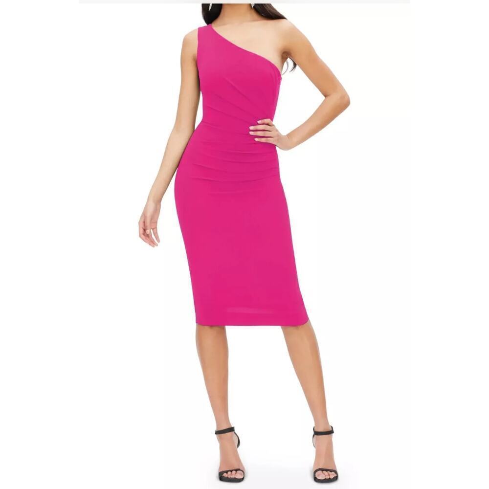 NWT Dress the Population Martine Stretch One Shoulder Dress Fuchsia Large